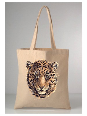 Giftora Leopar-1 Desenli Baskılı Ham Bez 35X40 Ekru Omuz Çantası