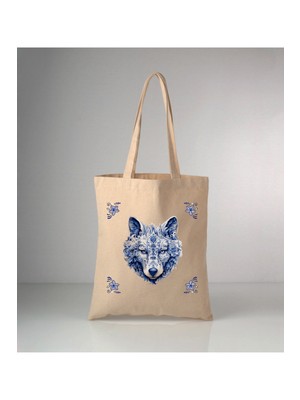 Giftora Özel Seri Delft Blue Kurt Baskılı Ham Bez Omuz Çantası