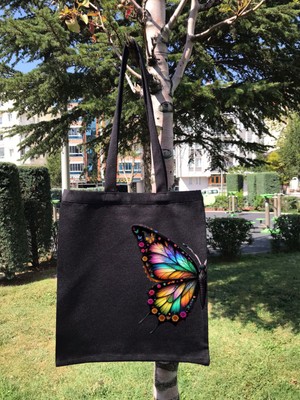 Giftora Kelebek  Bez Çanta Siyah Premium Dtf Tela Kumaş