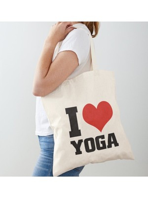 Giftora I Love Yoga Baskılı Ham Bez Omuz Çantası