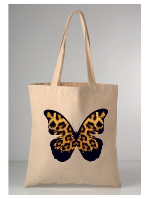 Giftora Leopar Desenli Kelebek Baskılı Ham Bez 35X40 Ekru Omuz Çantası