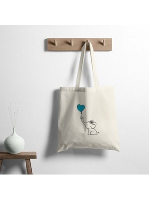 Giftora Mavi Kalpli Fil Tasarımlı Ham Bez Omuz Çantası