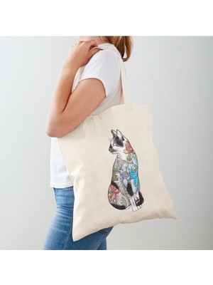 Giftora Kedi & Lotus Çiçeği Baskılı Ham Bez Çanta