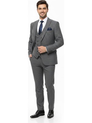 Presto Erkek Yelekli Slim Battal Takım Elbise 6 Drop Gri 792-070