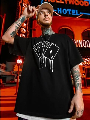 Marsilyan- Erkek Büyük Beden Kart Baskılı Düz Renk Kısa Kollu Bisiklet Yaka Tişört Gündelik Giyim