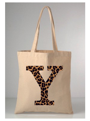 Giftora Leopar Desenli Y Harfi Baskılı Ham Bez 35X40 Ekru Omuz Çantası