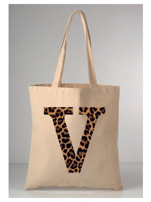 Giftora Leopar Desenli V Harfi Baskılı Ham Bez 35X40 Ekru Omuz Çantası
