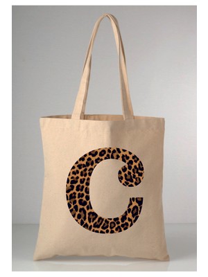Giftora Leopar Desenli C Harfi Baskılı Ham Bez 35X40 Ekru Omuz Çantası