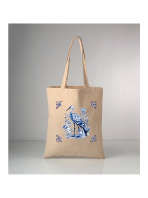 Giftora Özel Seri Delft Blue Kuş Baskılı Ham Bez Omuz Çantası