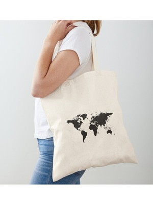 Giftora Dünya Haritası Baskılı Ham Bez Omuz