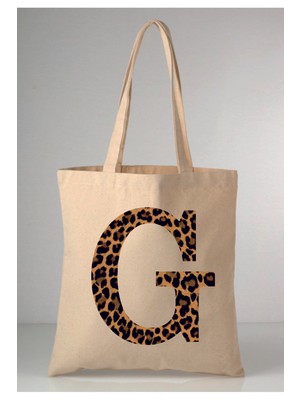 Giftora Leopar Desenli G Harfi Baskılı Ham Bez 35X40 Ekru Omuz Çantası