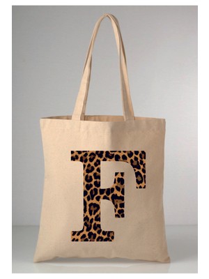 Giftora Leopar Desenli F Harfi Baskılı Ham Bez 35X40 Ekru Omuz Çantası