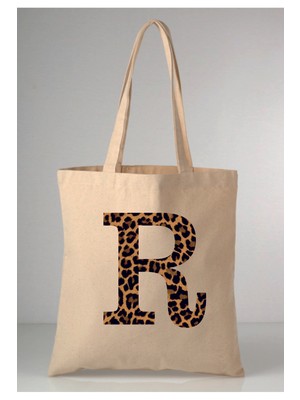 Giftora Leopar Desenli R Harfi Baskılı Ham Bez 35X40 Ekru Omuz Çantası