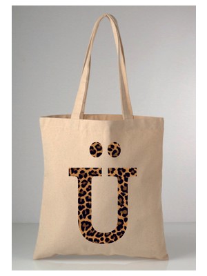 Giftora Leopar Desenli Ü Harfi Baskılı Ham Bez 35X40 Ekru Omuz Çantası