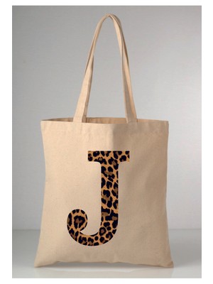 Giftora Leopar Desenli J Harfi Baskılı Ham Bez 35X40 Ekru Omuz Çantası