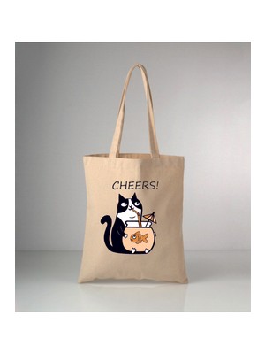 Giftora Hayvanlarımız Kedi ve Balık Baskılı Ham Bez Omuz Çantası 35X40 cm