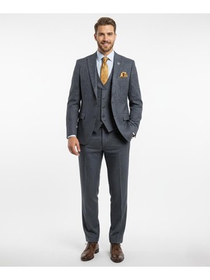 Presto Erkek Armürlü 6 Drop Kruvaze Yelekli Slim Takım Elbise Lacivert 777-200