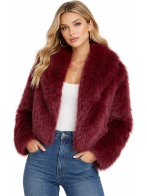 Eva Clothing Kadın Kısa Bordo Kürk Ceket