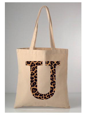 Giftora Leopar Desenli U Harfi Baskılı Ham Bez 35X40 Ekru Omuz Çantası