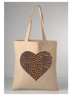 Giftora Leopar Desenli Kalp Baskılı Ham Bez 35X40 Ekru Omuz Çantası