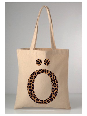 Giftora Leopar Desenli Ö Harfi Baskılı Ham Bez 35X40 Ekru Omuz Çantası