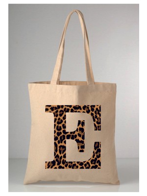 Giftora Leopar Desenli E Harfi Baskılı Ham Bez 35X40 Ekru Omuz Çantası
