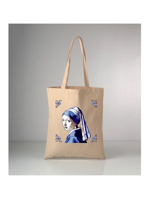 Giftora Özel Seri Delft Blue Inci Küpeli Kız Baskılı Ham Bez Omuz Çantası