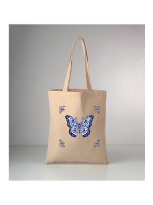 Giftora Özel Seri Delft Blue Kelebek Baskılı Ham Bez Omuz Çantası