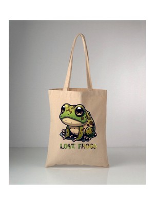 Giftora Hayvanlarımız Kurbağa Baskılı Ham Bez Omuz Çantası 35X40 cm