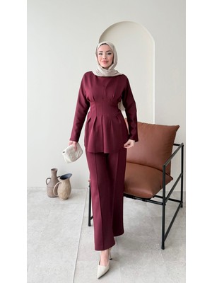 Miraydin Butik Belden Bağlamalı Pantolonlu Scuba Takım – Bordo