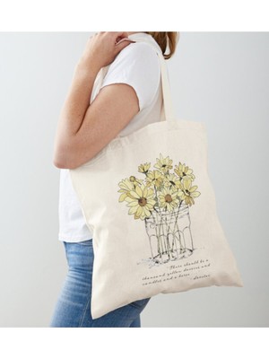 Giftora Minmal Vazoda Papatyalar Tasarımlı Ham Bez Omuz Çantası