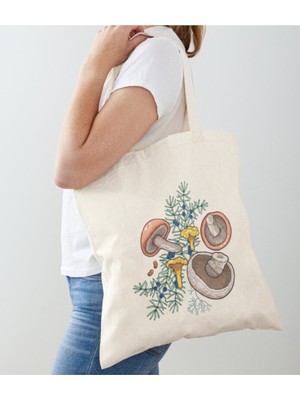 Giftora Eğlenceli Mantarlar Tasarımlı Ham Bez Omuz Çantası