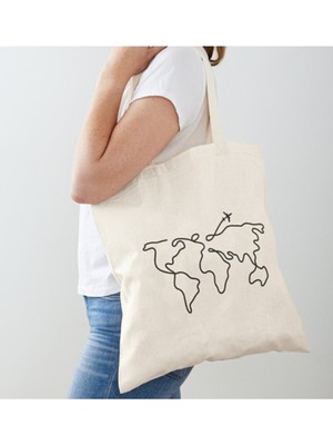 Giftora Minimal Dünya Haritası Baskılı Ham Bez