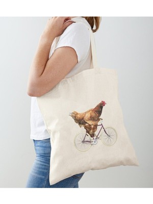 Giftora Bisiklet Süren Tavuk Tasarımlı Ham Bez