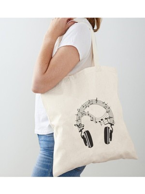 Giftora Minimal Kulaklık Baskılı Ham Bez Omuz