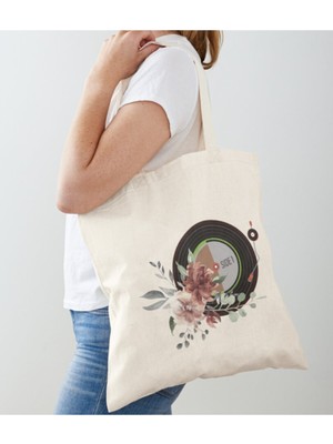 Giftora Çiçekli Plak Tasarımlı Ham Bez Omuz Çantası