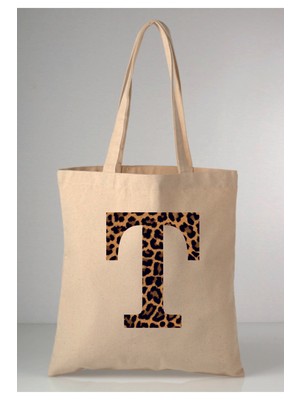 Giftora Leopar Desenli T Harfi Baskılı Ham Bez 35X40 Ekru Omuz Çantası