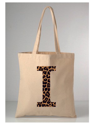 Giftora Leopar Desenli I Harfi Baskılı Ham Bez 35X40 Ekru Omuz Çantası