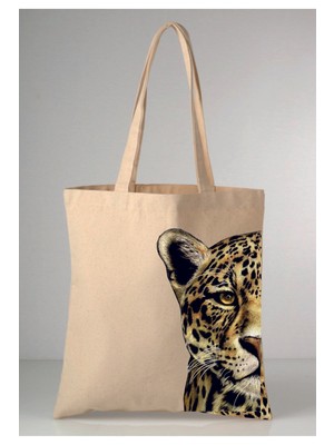 Giftora Leopar Desenli Baskılı Ham Bez 35X40 Ekru Omuz Çantası