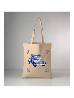 Giftora Özel Seri Delft Blue Kamyonet Baskılı Ham Bez Omuz Çantası