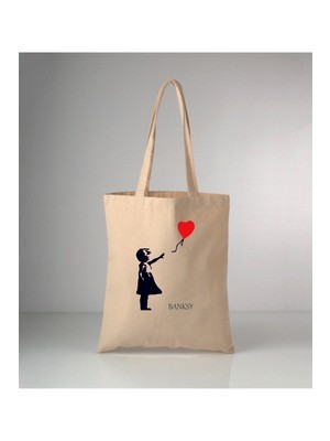Giftora Banksy Balonu Uçan Kız Baskılı Ham Bez Omuz Çantası