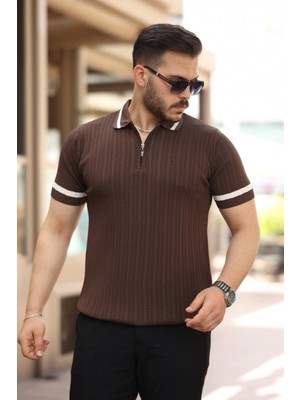 Marsilyan- Erkek Yaka ve Kolları Çizgi Detaylı Fermuarlı Kısa Kollu T-Shirt