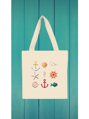 Giftora Deniz Kabukları Temalı Baskılı %100 Pamuk Gabardin Bez Çanta