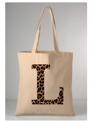 Giftora Leopar Desenli L Harfi Baskılı Ham Bez 35X40 Ekru Omuz Çantası