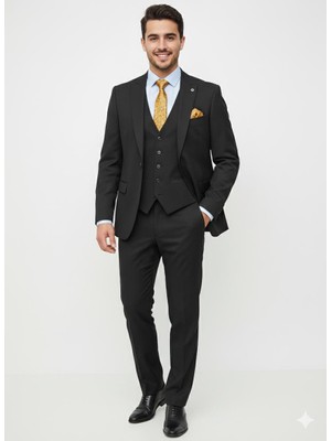 Presto Erkek Armürlü 6 Drop Kruvaze Yelekli Slim Takım Elbise Siyah 778-001