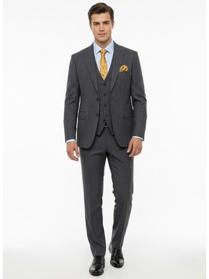 Presto Erkek Slimfit Armürlü 6 Drop Yelekli Takım Elbise Füme 786-070