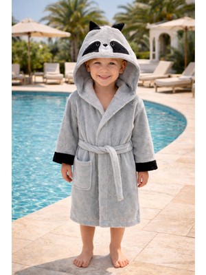 Ely Parker Kapşonlu Çocuk Bornoz Pamuklu Gri Rakun Hayvan