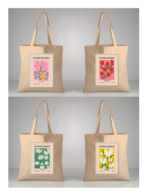 Giftora Çiçek Pasajı Flower Market Baskılı Ham Bez 35X40 Ekru Omuz Çantası