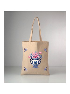 Giftora Özel Seri Delft Blue Vazo Baskılı Ham Bez Omuz Çantası