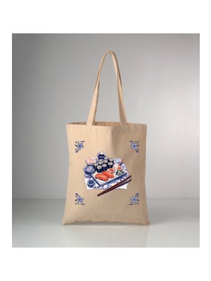 Giftora Özel Seri Delft Blue Sushi Baskılı Ham Bez Omuz Çantası